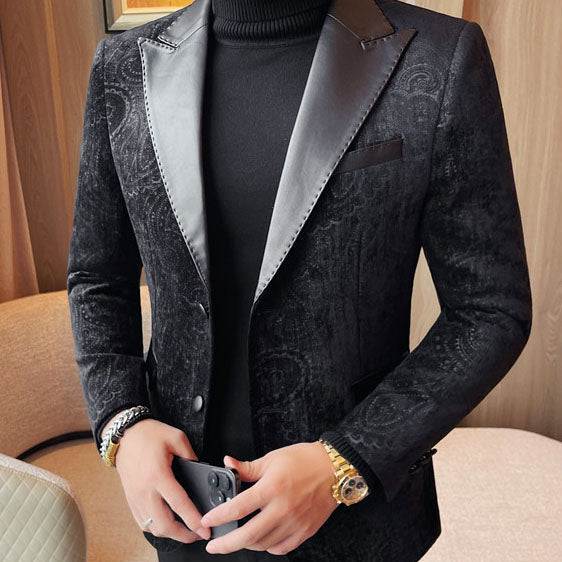 Jacquard Velvet Leather Lapel Men's Blazer