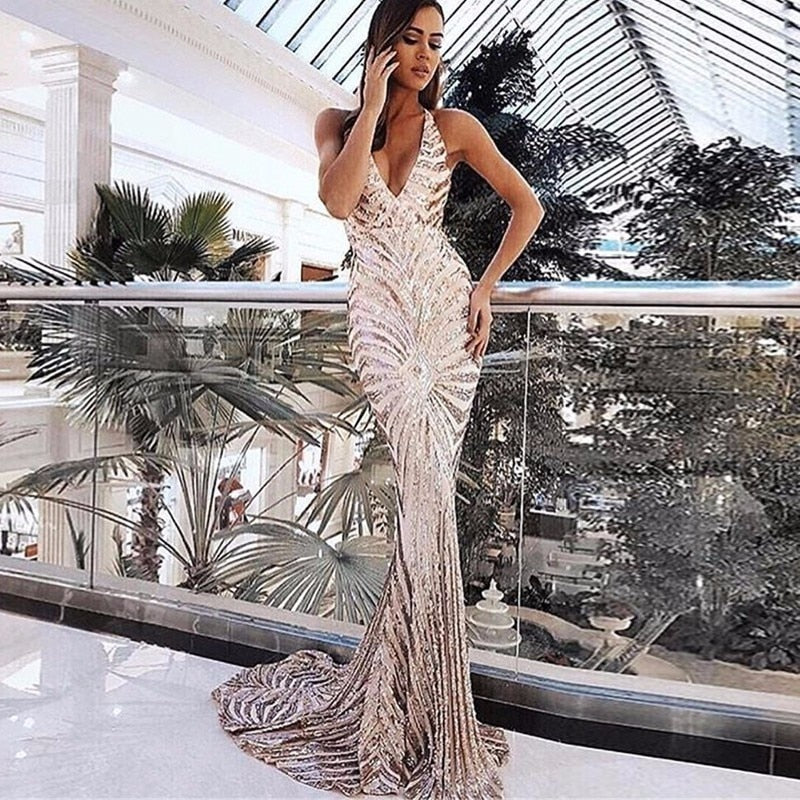 Elegant Deep V Neck Maxi Dresses - runwayfashionista.com