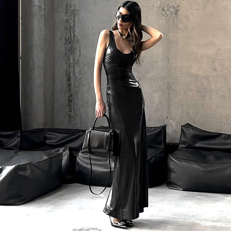 U-neck Split Vest Maxi Dress - Black