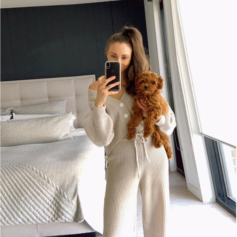 Casual Knitted Long Sleeve Sweater Long Pants Two Piece Set