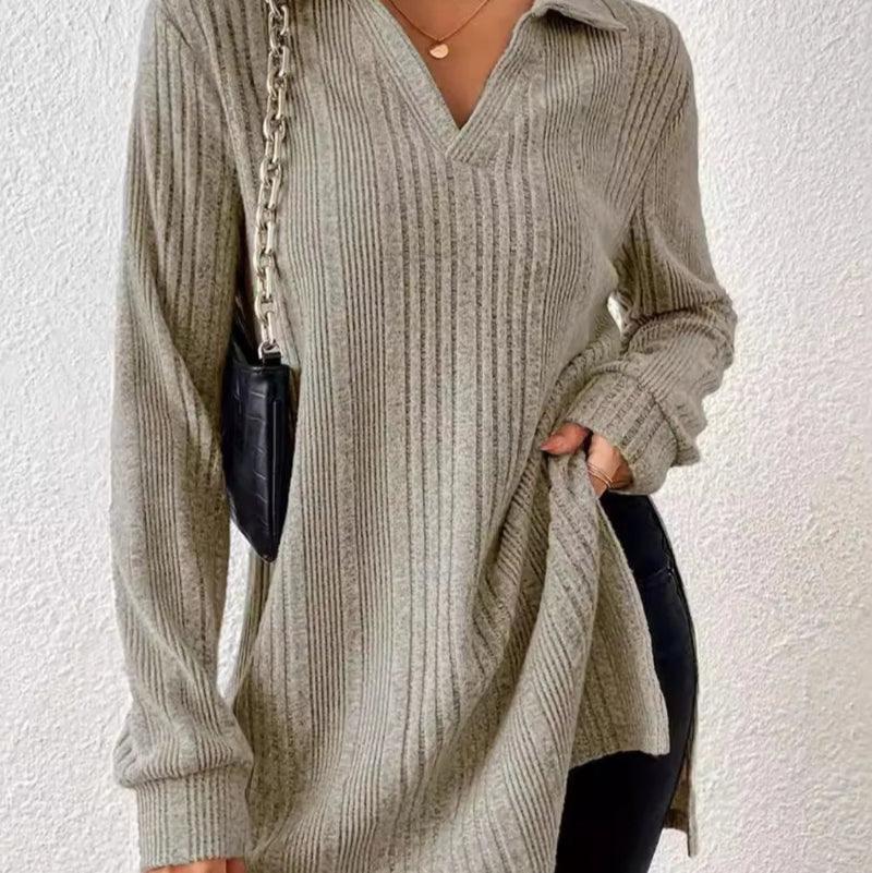 Slit johnny collar long sleeve sweater - runwayfashionista.com