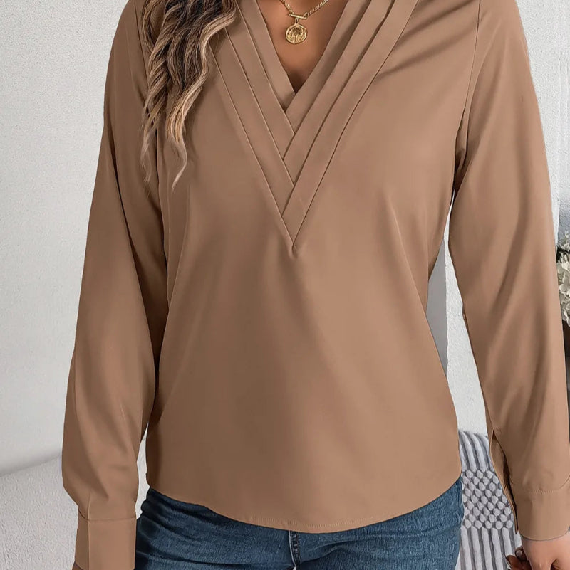 V-Neck Long Sleeve Blouse - runwayfashionista.com