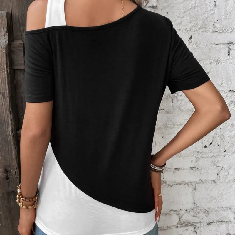 Contrast Asymmetrical Neck Short Sleeve T-Shirt - rnwayfashionista.com