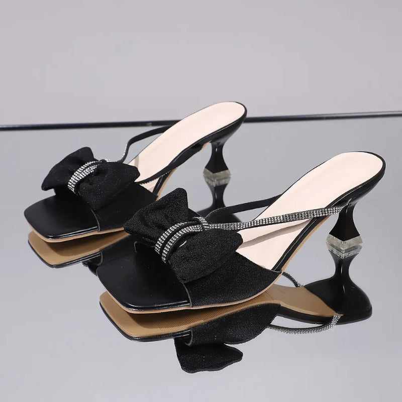 Bow Rhinestone Open-Toe Sandals - runwayfashionista.com