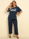 Plus Size PEACE FOREVER Dark Blue Short Sleeve Top & Pants Set - runwayfashionista.com