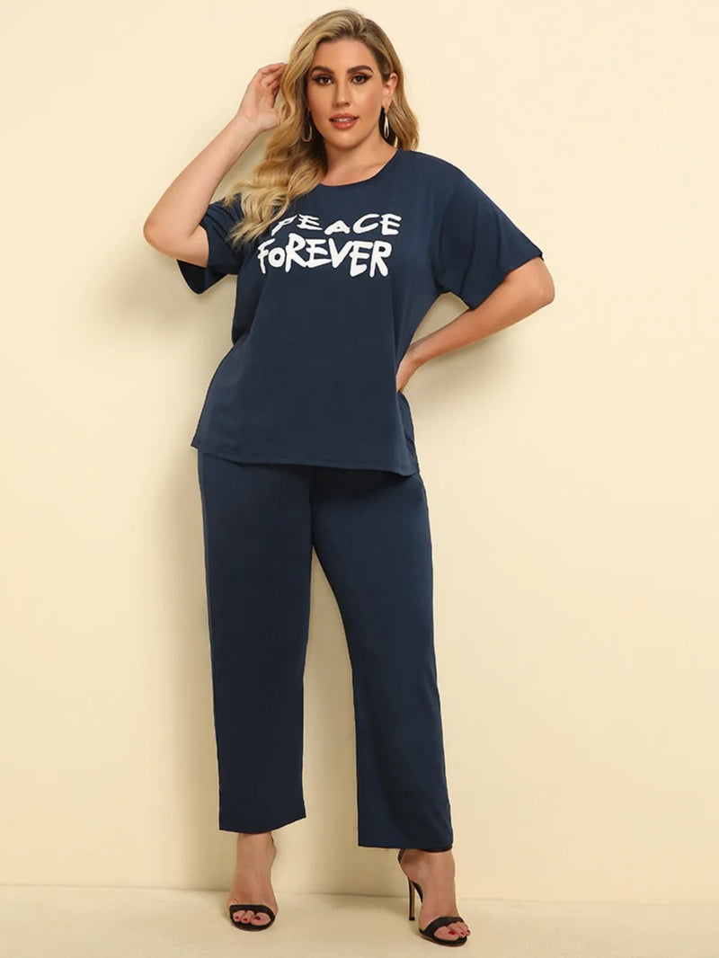 Plus Size PEACE FOREVER Dark Blue Short Sleeve Top & Pants Set - runwayfashionista.com