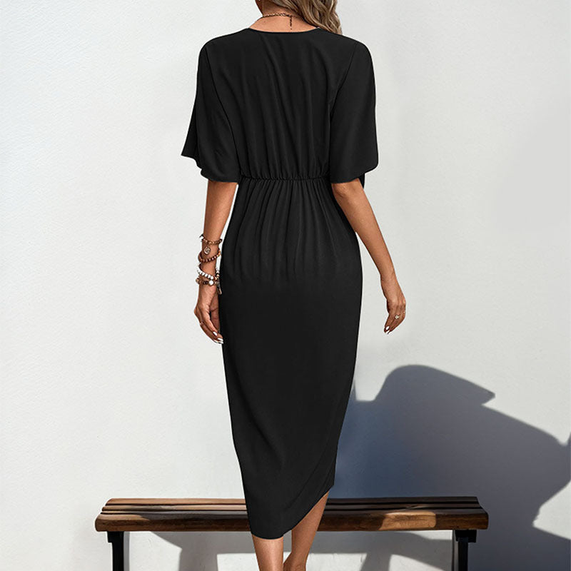 A collection of irregular hem midi dresses in black, khaki, burgundy, and military green, featuring V-necks, short sleeves, and pleats.