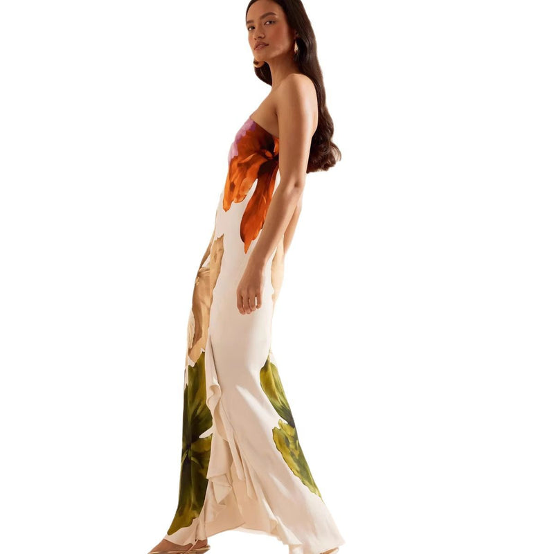 Slant Shoulder Slim Fit Floral Midi Dress – Summer Chic