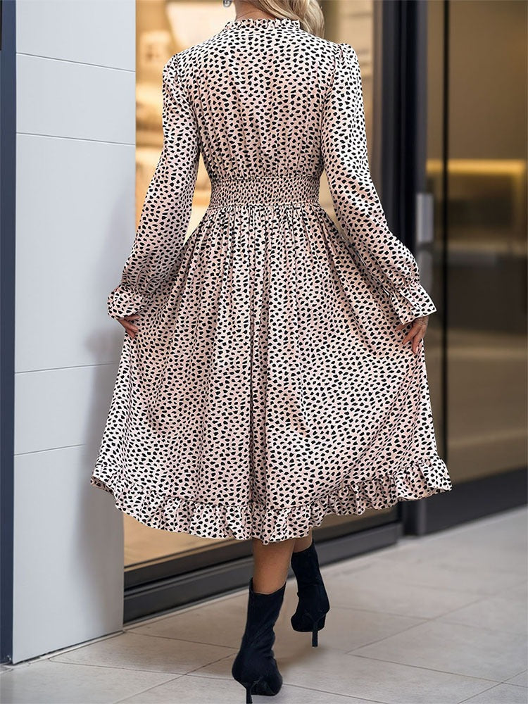 Pleated Long Sleeved Leopard Print Dress