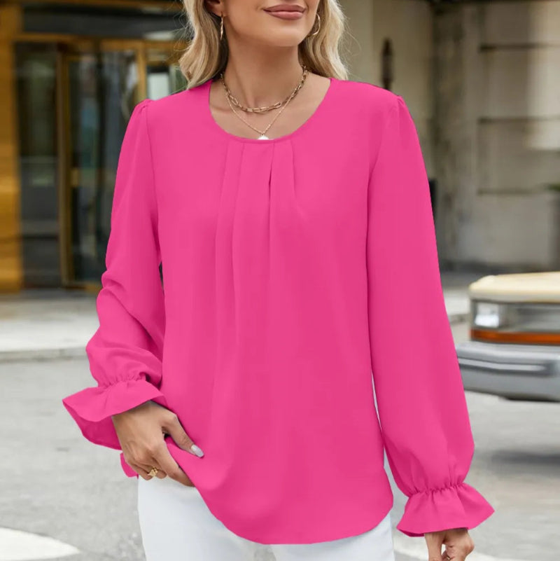 Round Neck Flounce Sleeve Top -runwayfashionista.com