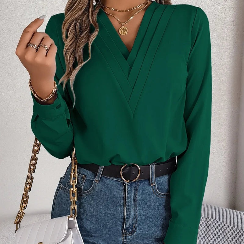 V-Neck Long Sleeve Blouse - runwayfashionista.com