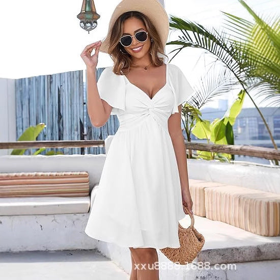 V-neck Fashionable Pleated Waist Mini Dress 