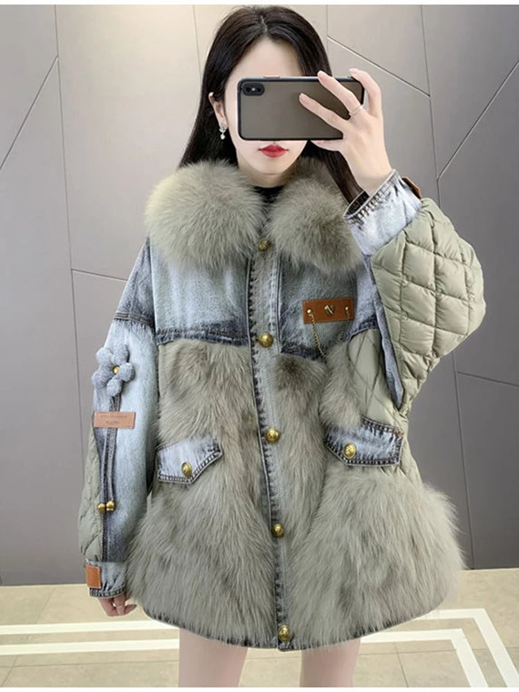 Denim parka faux mink jacket - runwayfashionista.com