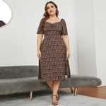 Square Neck Waist Open Long Floral Dresses