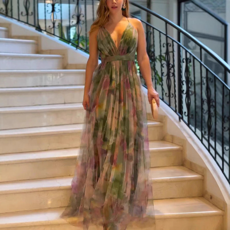 Sleeveless Military Green Printed Maxi Dress with High Waist and Flowing Silhouette