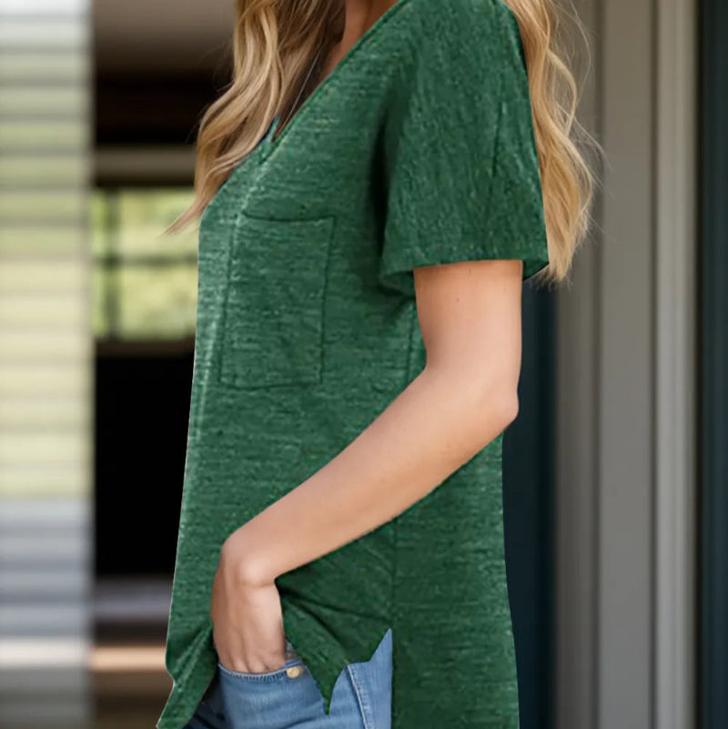 Pocketed Heathered V-Neck Short Sleeve T-Shirt - runwayfashionistacom