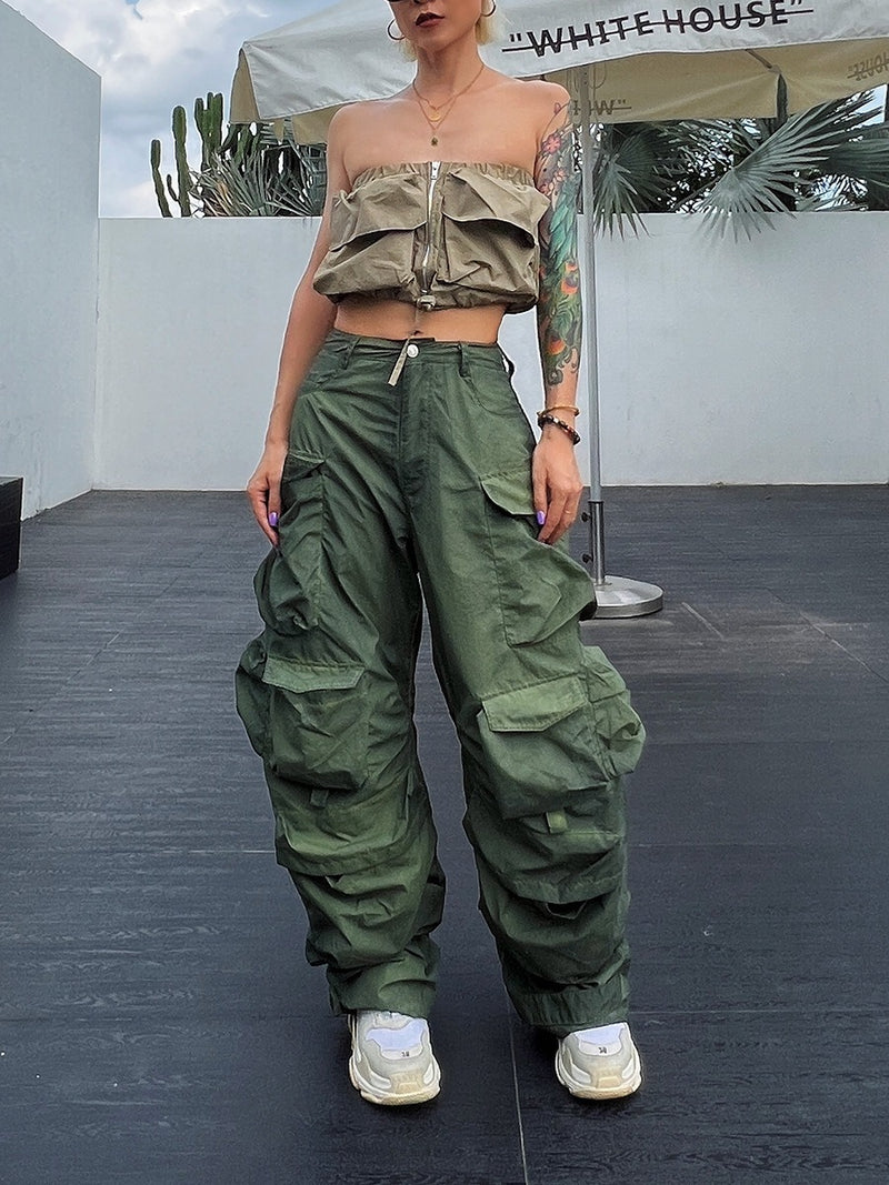 High Waist Patchwork Pockets Cargo Pant - runwayfashionista.com