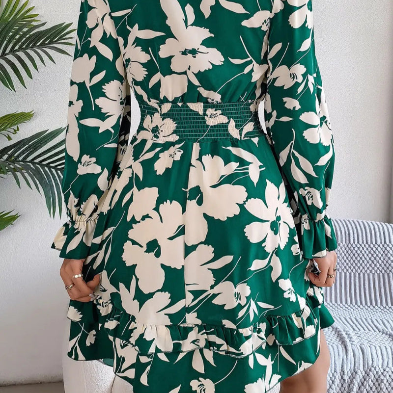 Tied Ruffled Printed Long Sleeve Dress - runwayfashionista.com