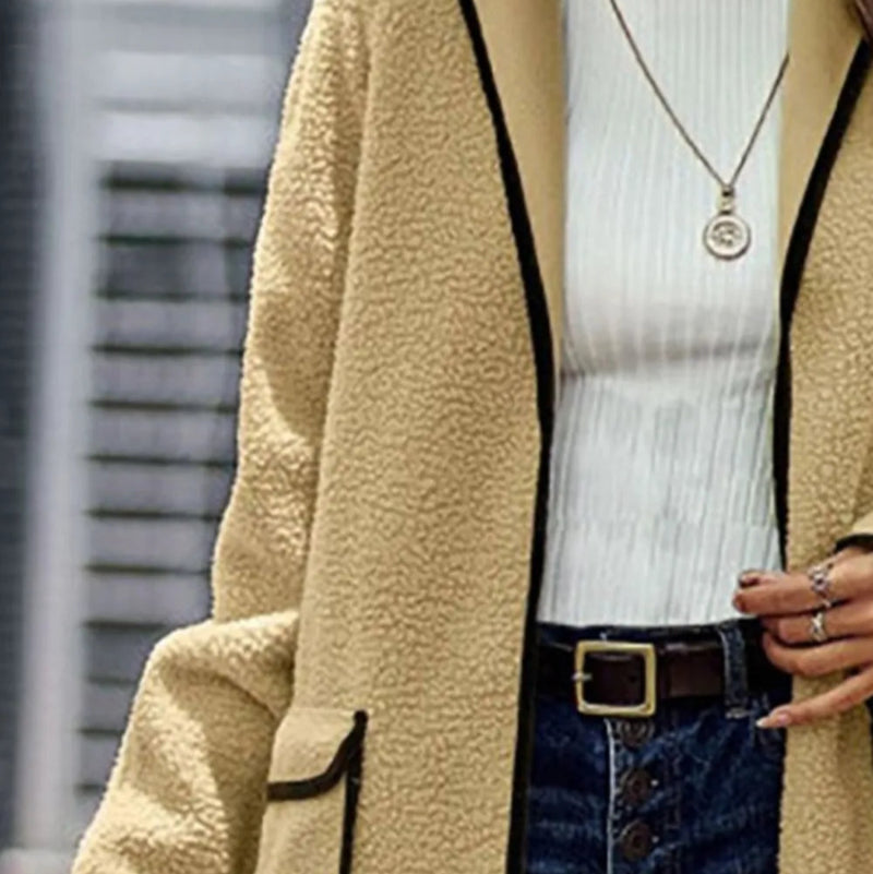 Contrast Trim Long Sleeve Coat with Pockets - runwayfashionista.com