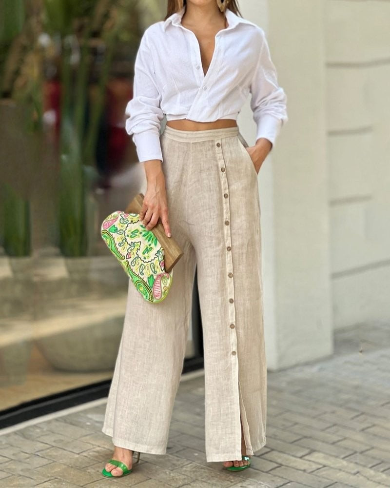 Casual Shirt Loose Pants Two Piece Set - runwayfashionista.com