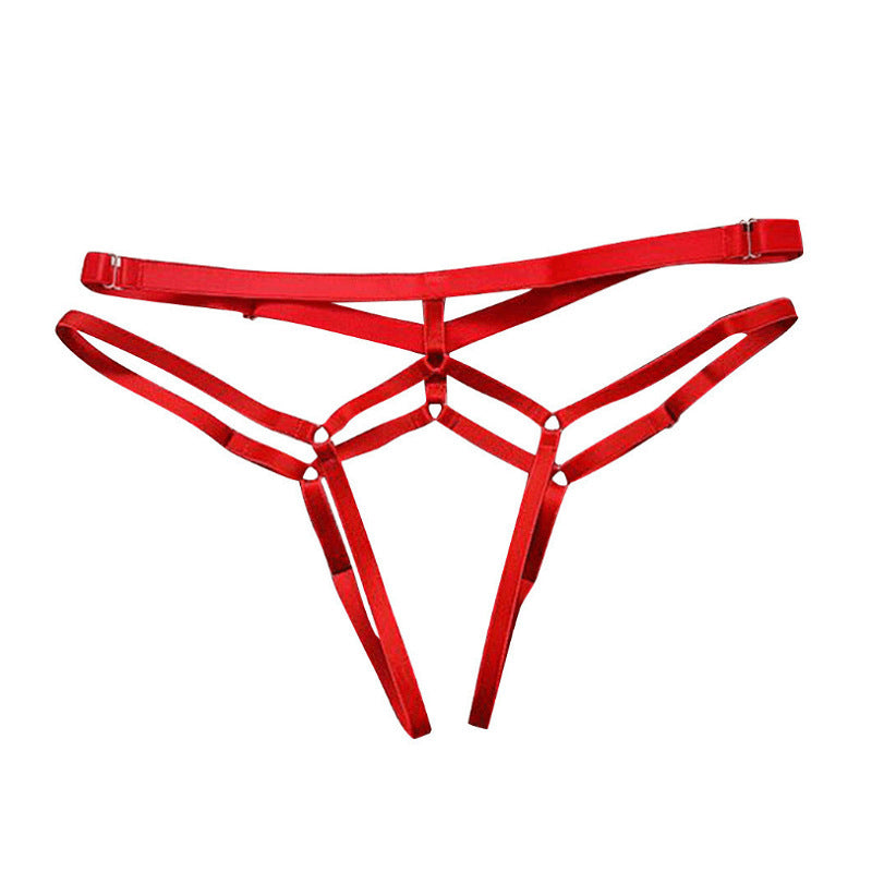 Red or black plus size lace-up thong made of woven polyester, offering no trace, hip lift, and breathability, available in sizes S-3XL.