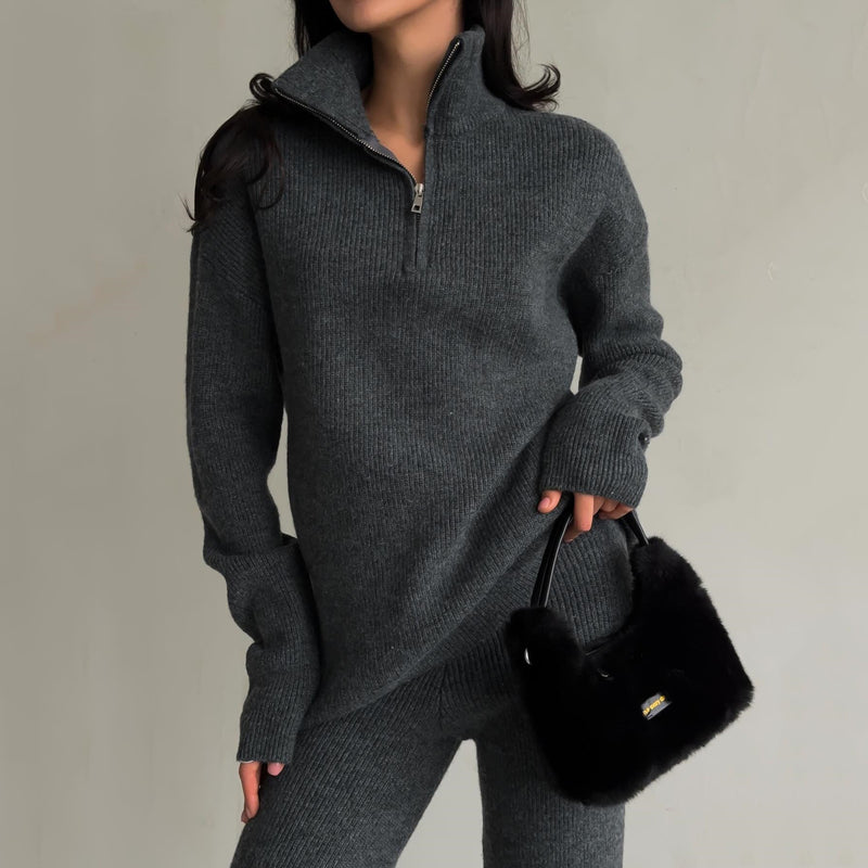 Casual Half Zipper Lapel Knit Set