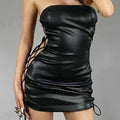 Off Shoulder PU imitation Leather Strapless Slim Fit Mini Dress