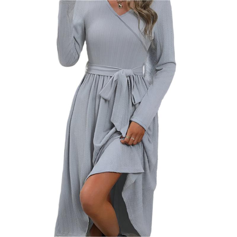 Surplice tie waist long sleeve midi dress - runwayfashionista.com