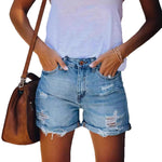 A pair of light blue, mid-waist denim shorts with a straight-leg, wide-leg fit. The shorts feature ripped and distressed details, showcasing a casual street-style look.