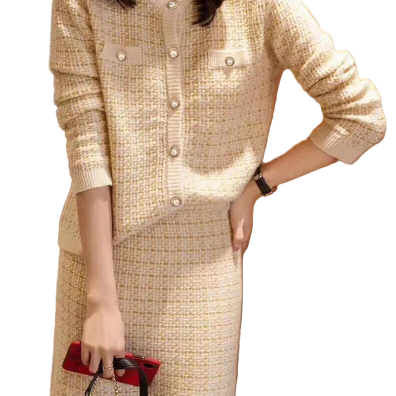 Textured Button-Front Jacket and Skirt Set - beige