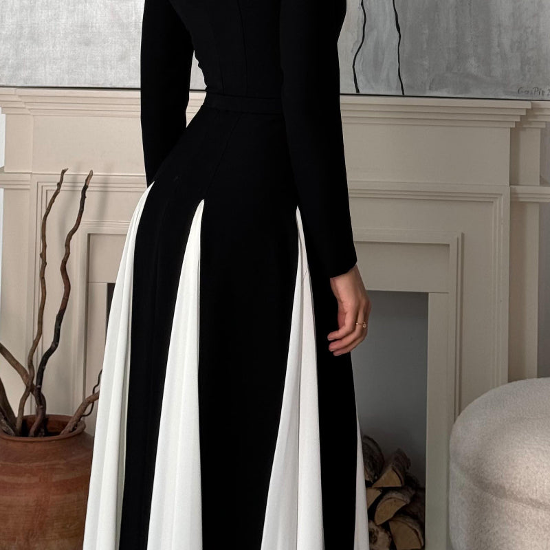Sling Black & White Patchwork Long Sleeves Maxi Dress