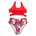 Cutout Crop Top Tropical Print High-Waist Bikini Set - red