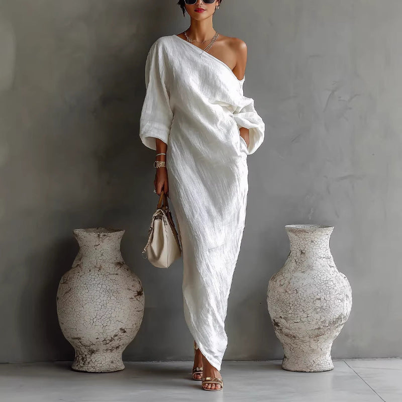 Irregular Off-shoulder Midi Dress - white