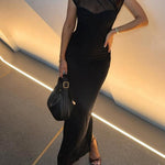 Black Mesh Overlay Bustier Bodycon Maxi Dress