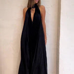 Black V-Neck Pressed Pleated Maxi Dress