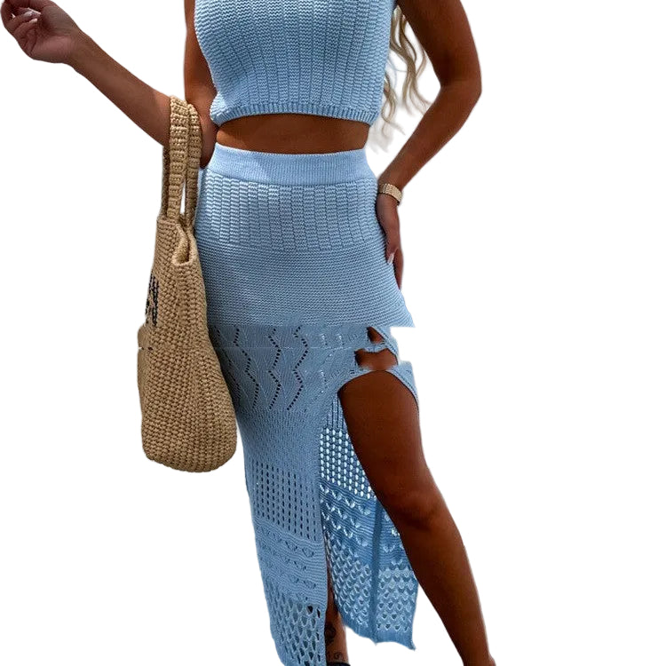 Openwork Halter Top & Split Skirt Set - blue