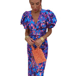 Puffed Short Sleeve Midi Dress - blue