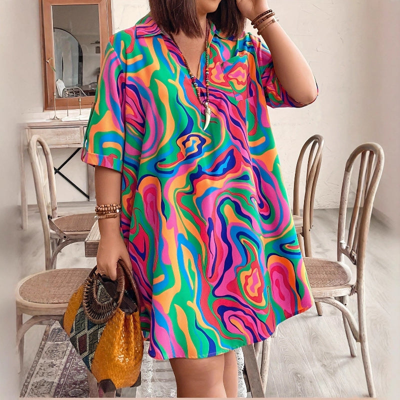 Abstract Swirl Print Camp-Collar Shift Dress - red