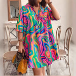 Abstract Swirl Print Camp-Collar Shift Dress - red