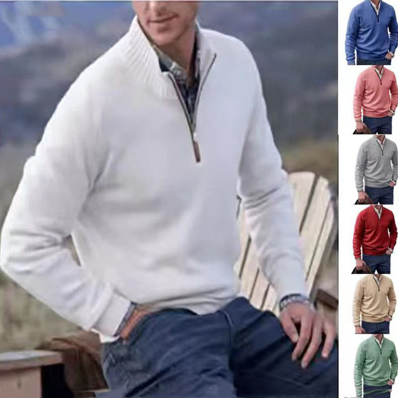Zipper Stand Collar Knitted Sweater - white