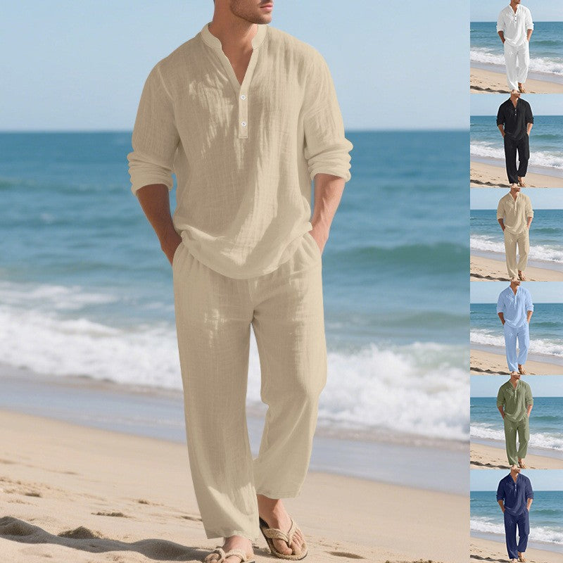 V-Neck Shirt And Long Pants Set - khaki