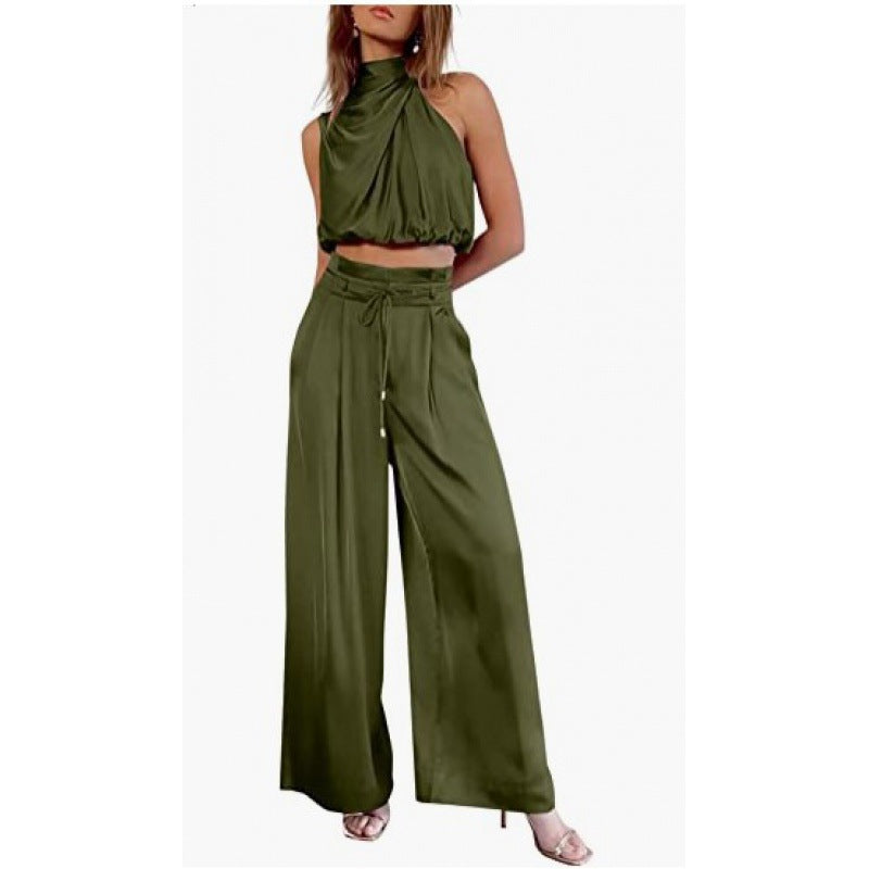 Casual Sleeveless Midriff-baring Top And Wide Leg Pants 2pcs Set - Army green