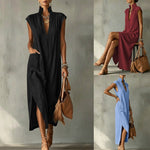 Sleeveless Stand Collar V-Neck Pocket Split Midi Dress