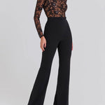 Black See-through Lace Long-sleeved Trousers Jumpsuit
