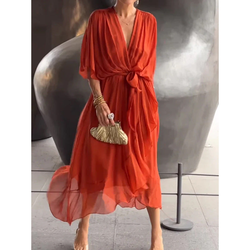 Batwing Sleeve V-neck Midi Dress - orange