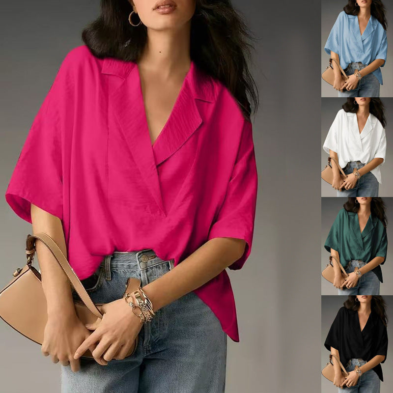Casual Loose Short Sleeve Lapel Tops - pink