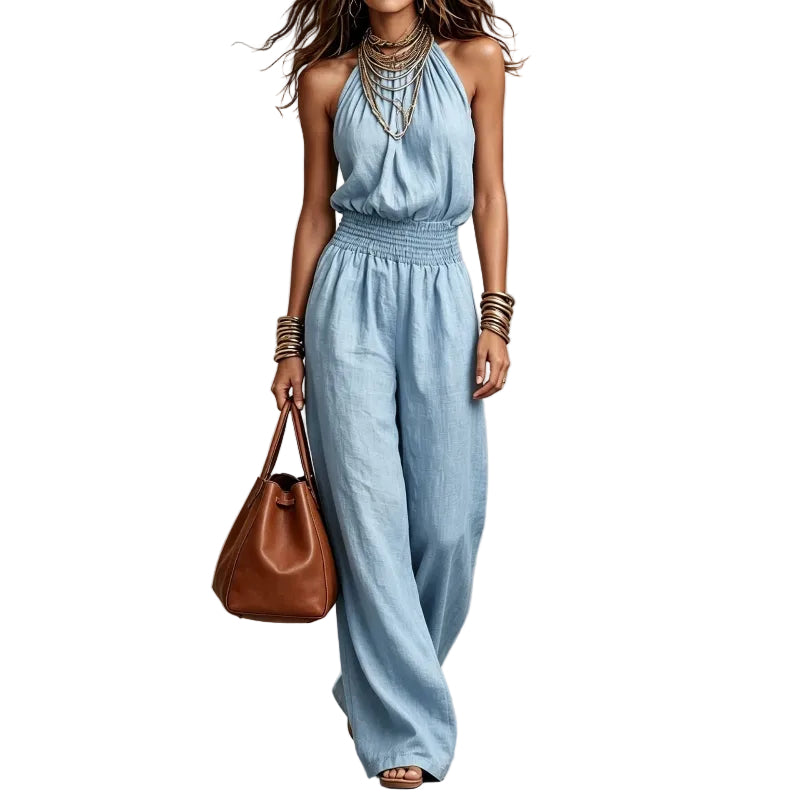 Halter Neck Shirred Waist Wide-Leg Jumpsuit - light blue