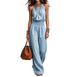 Halter Neck Shirred Waist Wide-Leg Jumpsuit - light blue