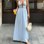 Deep V-neck Striped Maxi Dress - blue