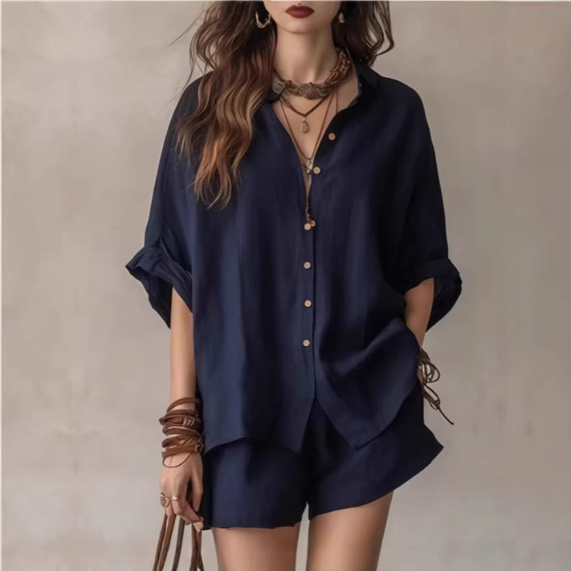 Single-Breasted Short-Sleeved Shirt Wide-Leg Shorts - navy blue